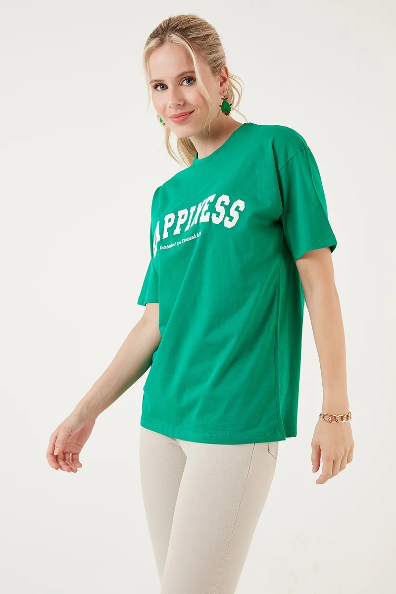 Lela Printed Cotton Oversize Crew Neck T Shirt Women's T Shirt 541HAPPINESS