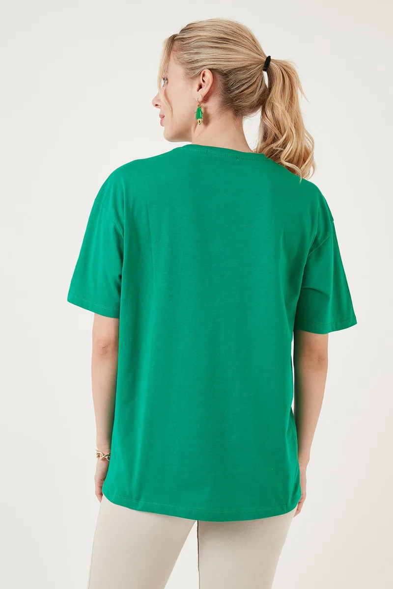 Lela Printed Cotton Oversize Crew Neck T Shirt Women's T Shirt 541HAPPINESS
