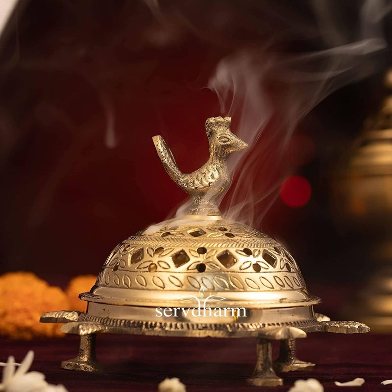 ServDharm Brass Incense Burner Peacock Tortoise Dhoop Dani Dhuni Brass Incense Loban Sambrani Burner Height 55 Inches Weight 500 GMS Brass Metal Round Gold - Image 1