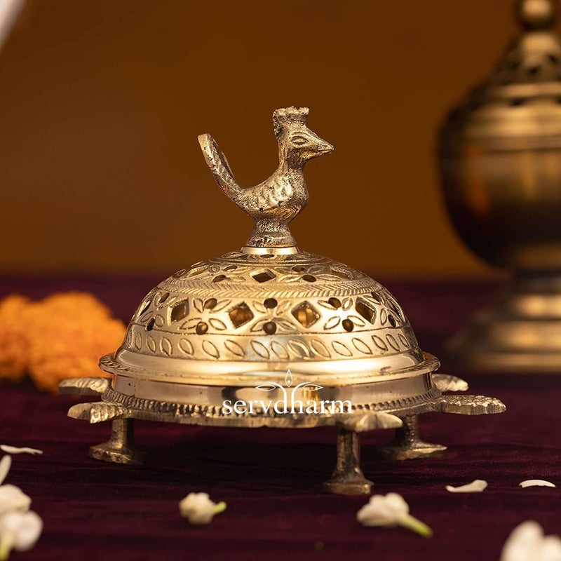 ServDharm Brass Incense Burner Peacock Tortoise Dhoop Dani Dhuni Brass Incense Loban Sambrani Burner Height 55 Inches Weight 500 GMS Brass Metal Round Gold - Image 2