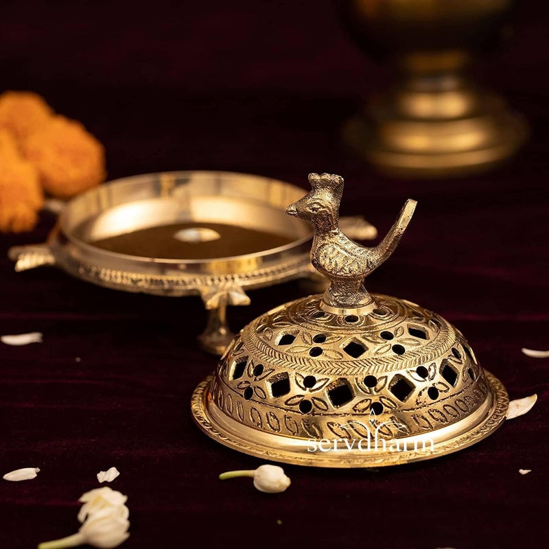 ServDharm Brass Incense Burner Peacock Tortoise Dhoop Dani Dhuni Brass Incense Loban Sambrani Burner Height 55 Inches Weight 500 GMS Brass Metal Round Gold - Image 3