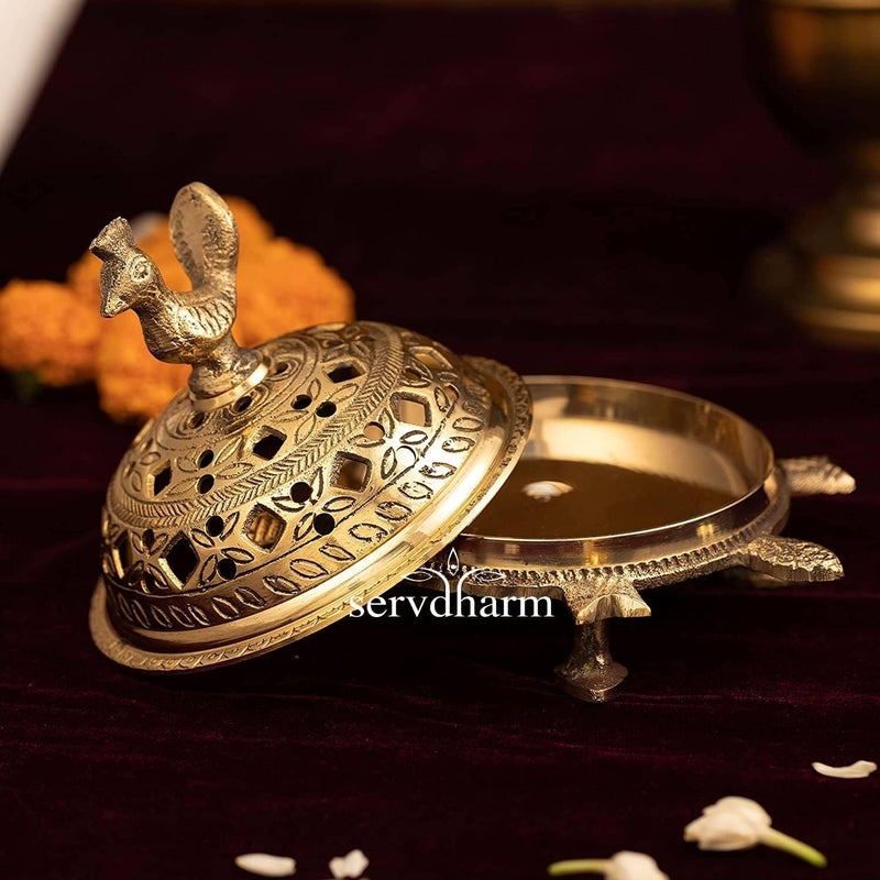 ServDharm Brass Incense Burner Peacock Tortoise Dhoop Dani Dhuni Brass Incense Loban Sambrani Burner Height 55 Inches Weight 500 GMS Brass Metal Round Gold - Image 4