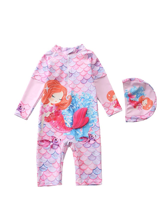 Children's Swimsuit For Girls, One-piece, Children's Swimwear, Mid-length Pants, Five-point Pants, Long-sleeved, Sun-protective Swimwear, Sports Style