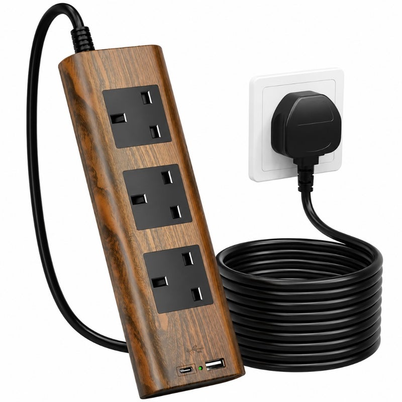 Home Kitchen Office Wood Grain 3 Way Extension Lead with USB Slots, Surge Protection, ON/OFF Switch, 13A/3250W, 2M Cable - Image 1