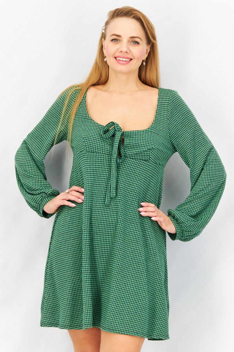 Asos Design Women Micro Checkered Mini Casual  Dress, Green - Image 1