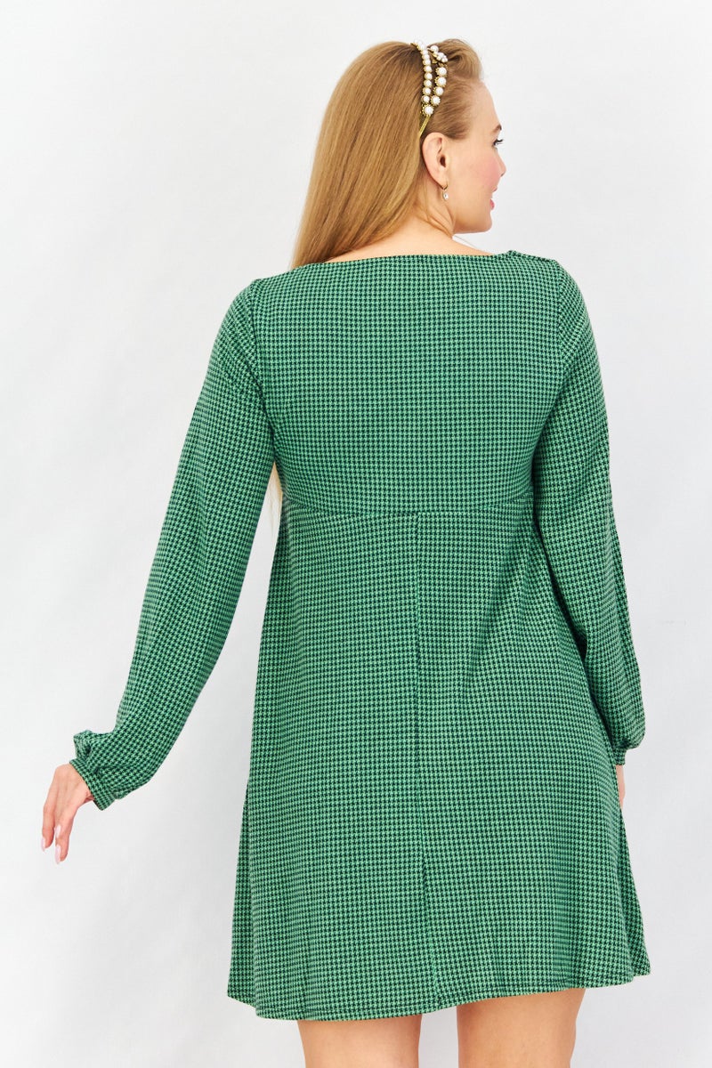 Asos Design Women Micro Checkered Mini Casual  Dress, Green - Image 3