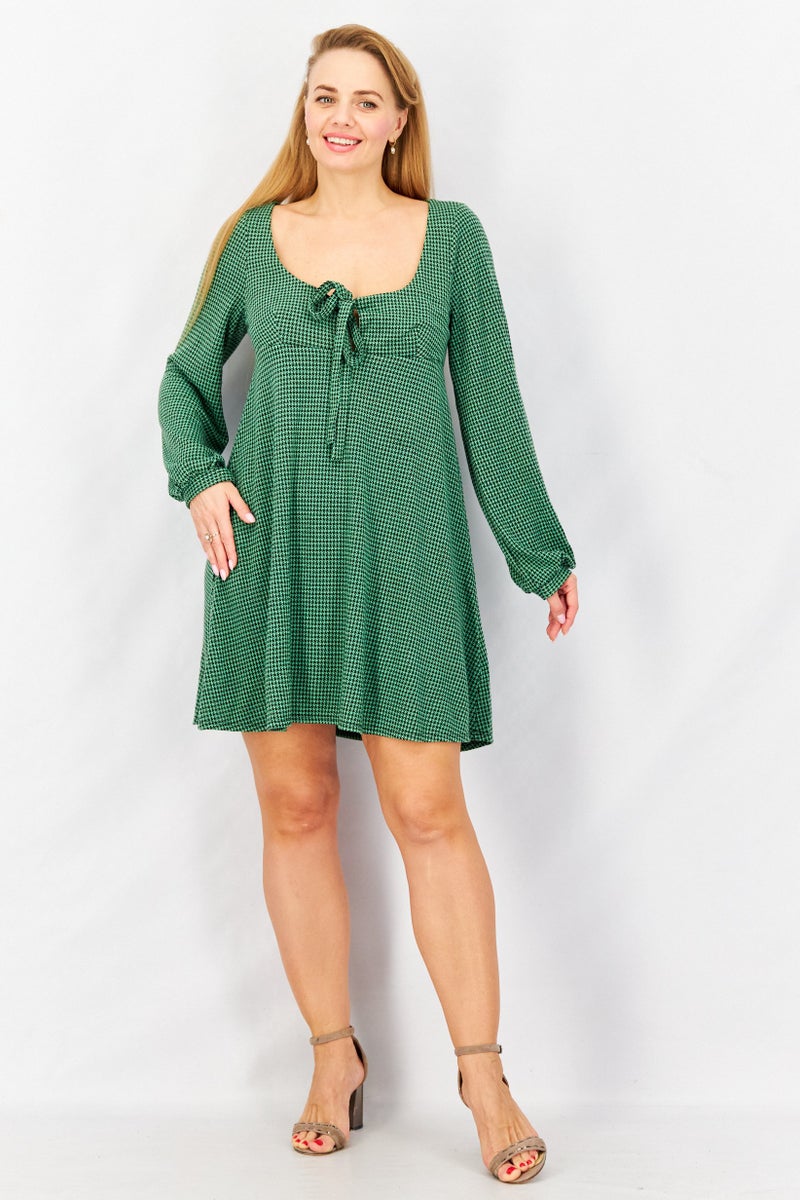 Asos Design Women Micro Checkered Mini Casual  Dress, Green - Image 4