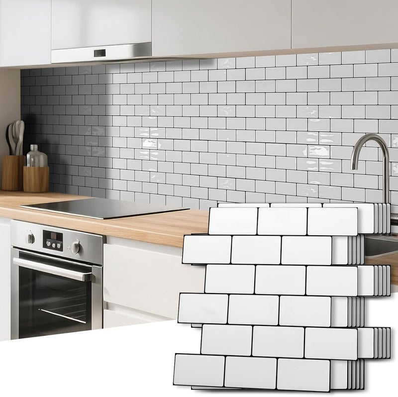 Art3d 10-Sheet Peel and Stick Backsplash Tile, Vinyl Stick on Wall Tile for Kitchen Bathroom Laundry Room, Subway Design 12" x 12" - White with Black Grout - Image 1