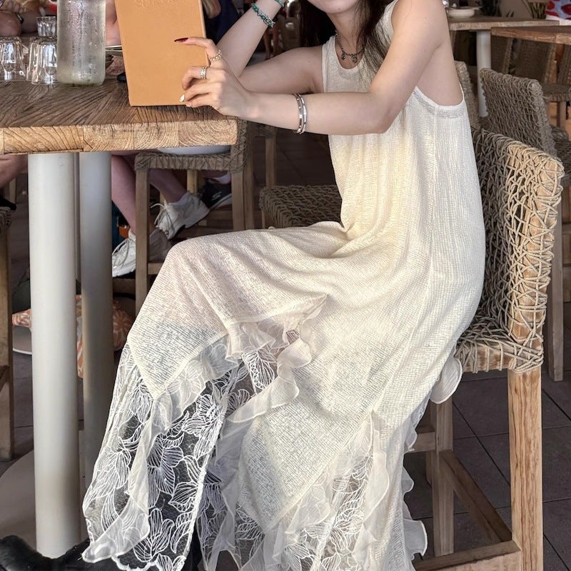 This years popular lace small heavy industry two-piece lace stitching dress womens irregular design long dress tide Picture color 