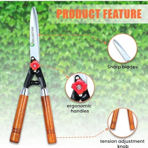 Fieldstar Hedge Shears for Gardening, Heavy Duty Hedge Pruner Shear Cutter & Plant Branch Cutter with Wooden Handle for Lawns or Garden, Garden Scissors for Cutting Plant Stem - Image 3