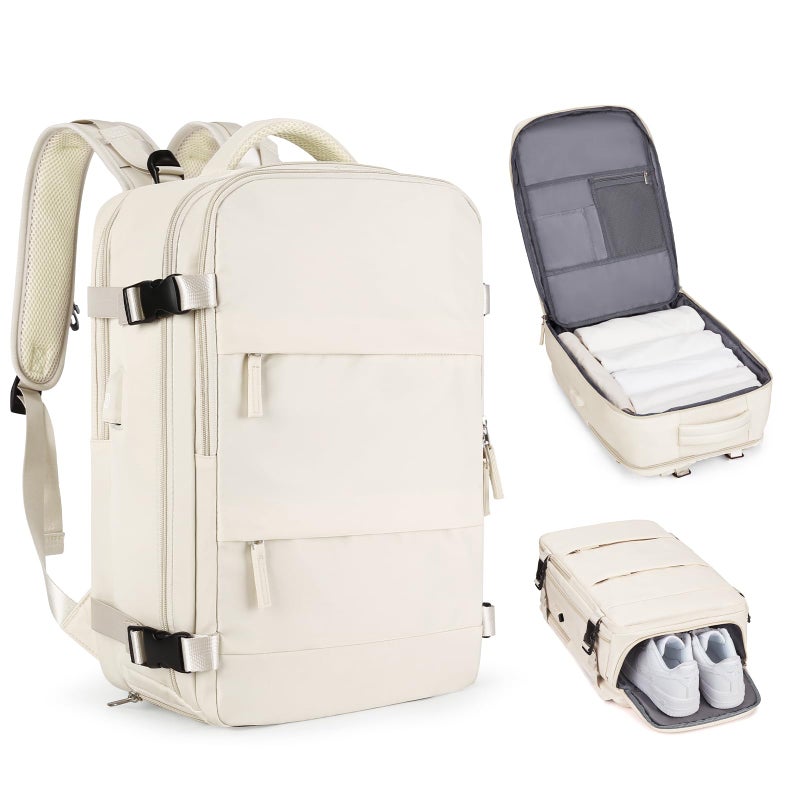 coofay Beige Travel Backpack For Women Men Airline Approved Personal Item Carry On Flight Approved Waterproof Backpack For Traveling On Airplane Weekender Travel Bag