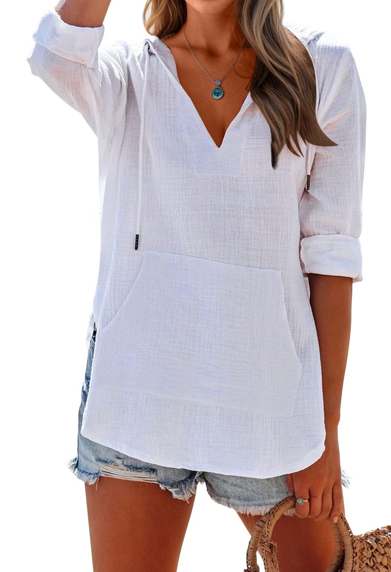 Ebifin Women's Beach Cover Up Shirt Long Sleeve V Neck Pocketed Hooded Top White - Image 3