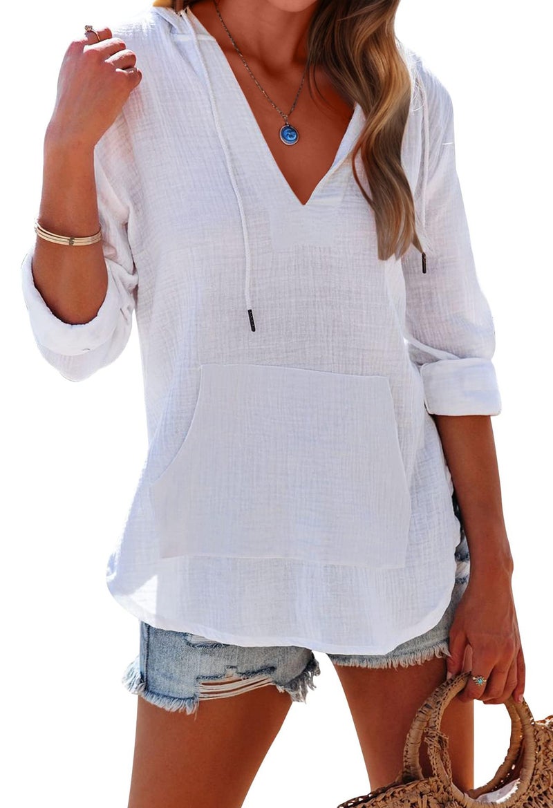 Ebifin Women's Beach Cover Up Shirt Long Sleeve V Neck Pocketed Hooded Top White - Image 1