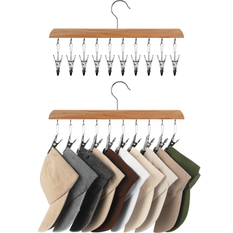 StorageWorks Hat Rack Closet Organizer and Storage for Baseball CapsSet of 2 with 10 Adjustable Stainless Steel Clips Fits All Caps Natural Wood Color