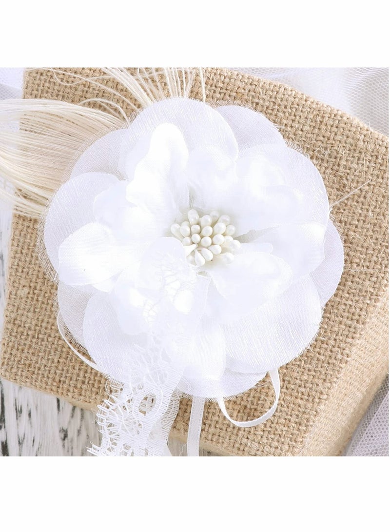 Wedding Flower Girl Basket with White Pearl Ribbon Flower, Rustic Burlap Hamper Jute Basket, Rose Pearl Storage Basket for Engagement, Wedding, Ceremony, Decoration, Photo Props - Image 5