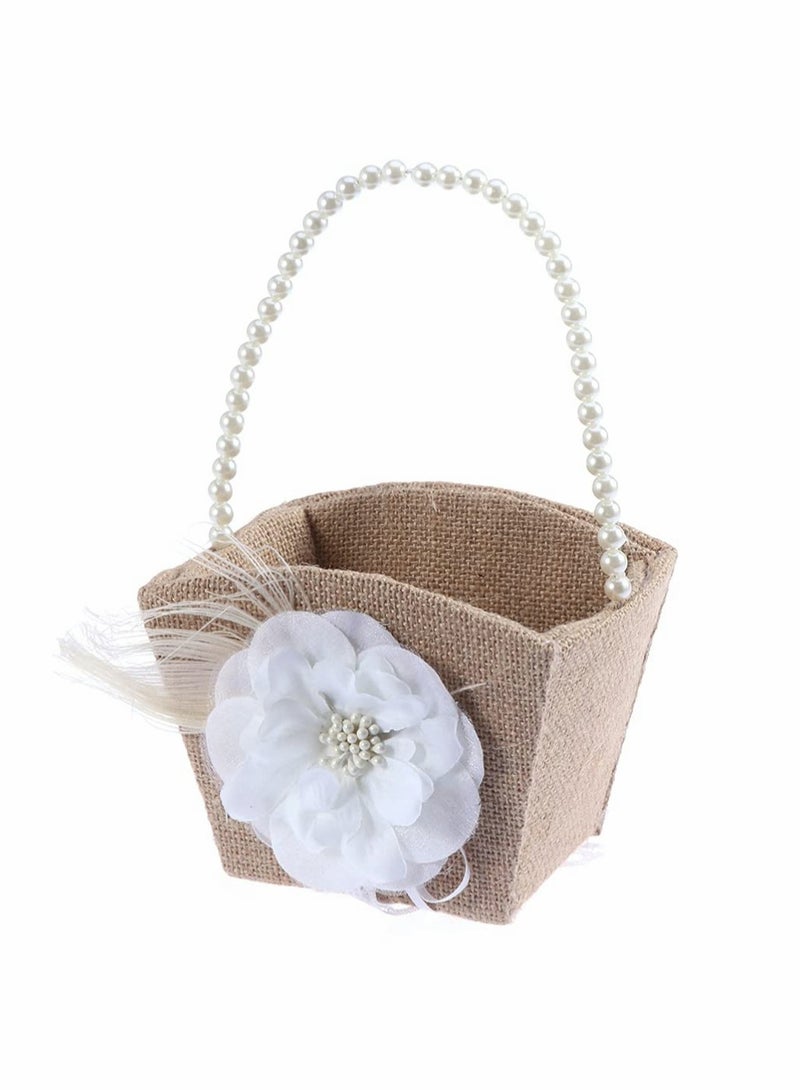 Wedding Flower Girl Basket with White Pearl Ribbon Flower, Rustic Burlap Hamper Jute Basket, Rose Pearl Storage Basket for Engagement, Wedding, Ceremony, Decoration, Photo Props - Image 1