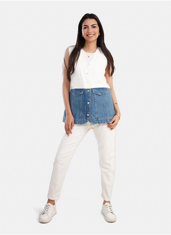 Clue Crepe & Denim Sleeveless Vest  - Image 1