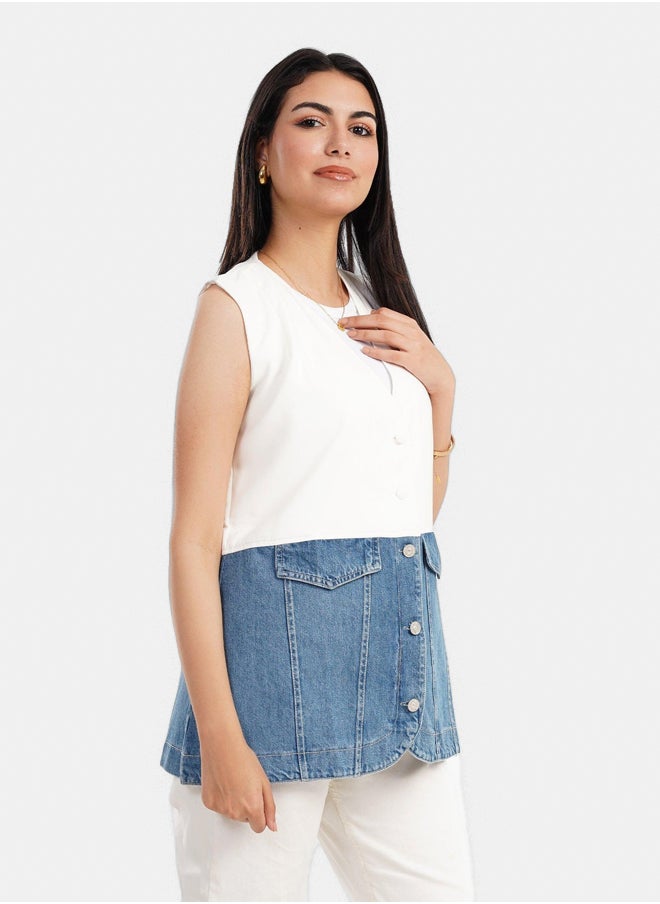 Clue Crepe & Denim Sleeveless Vest  - Image 2