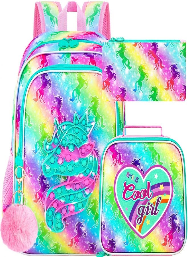 GXTVO 3PCS Unicorn Backpack for Girls, 16" Kids Rainbow Bookbag with Lunch Box, Water Resistant School Bag for Elementary Preschool Toddler - Image 1