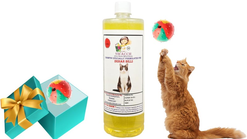 swacch Indian Billi Shampoo + Rubber Musical Ball I Chew Playing Rubber Ball I Interactive Cat Toy Balls I Training & Play I Combo Pack I 1 Litre Lemon - Image 1