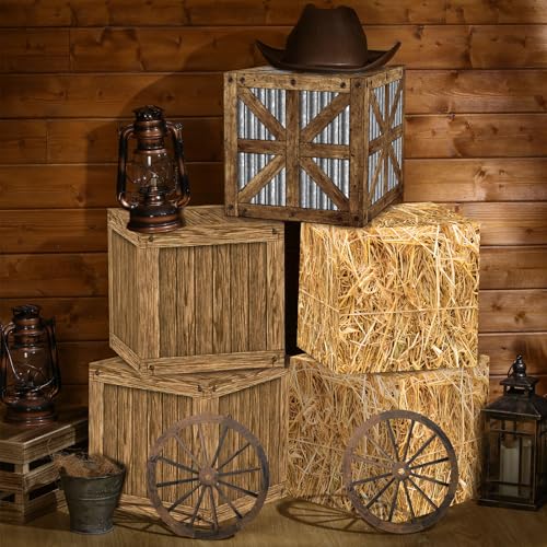 Saypacck 7 Pcs Cowboy Party Decoration Set Includes Hay Bales Boxes Wooden Bales Boxes Wagon Wheel Western Cowboy Birthday Decor Fake Hay Boxes Vintage Rustic Wagon Wheel for Fall Harvest Farm - Image 1