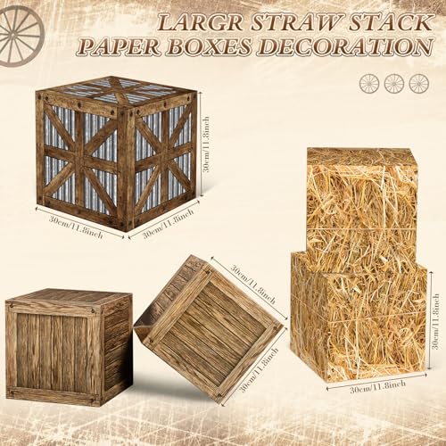 Saypacck 7 Pcs Cowboy Party Decoration Set Includes Hay Bales Boxes Wooden Bales Boxes Wagon Wheel Western Cowboy Birthday Decor Fake Hay Boxes Vintage Rustic Wagon Wheel for Fall Harvest Farm - Image 5