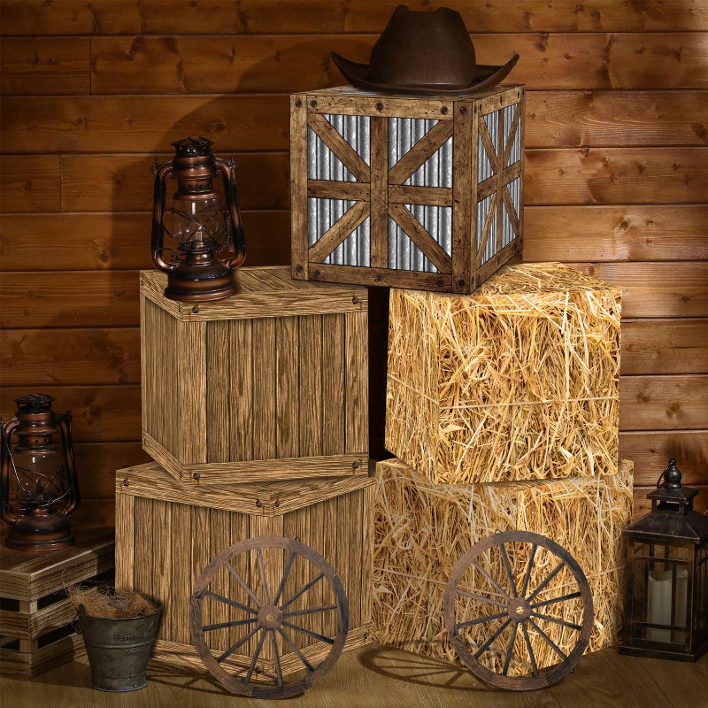 Saypacck 7 Pcs Cowboy Party Decoration Set Includes Hay Bales Boxes Wooden Bales Boxes Wagon Wheel Western Cowboy Birthday Decor Fake Hay Boxes Vintage Rustic Wagon Wheel for Fall Harvest Farm - Image 3