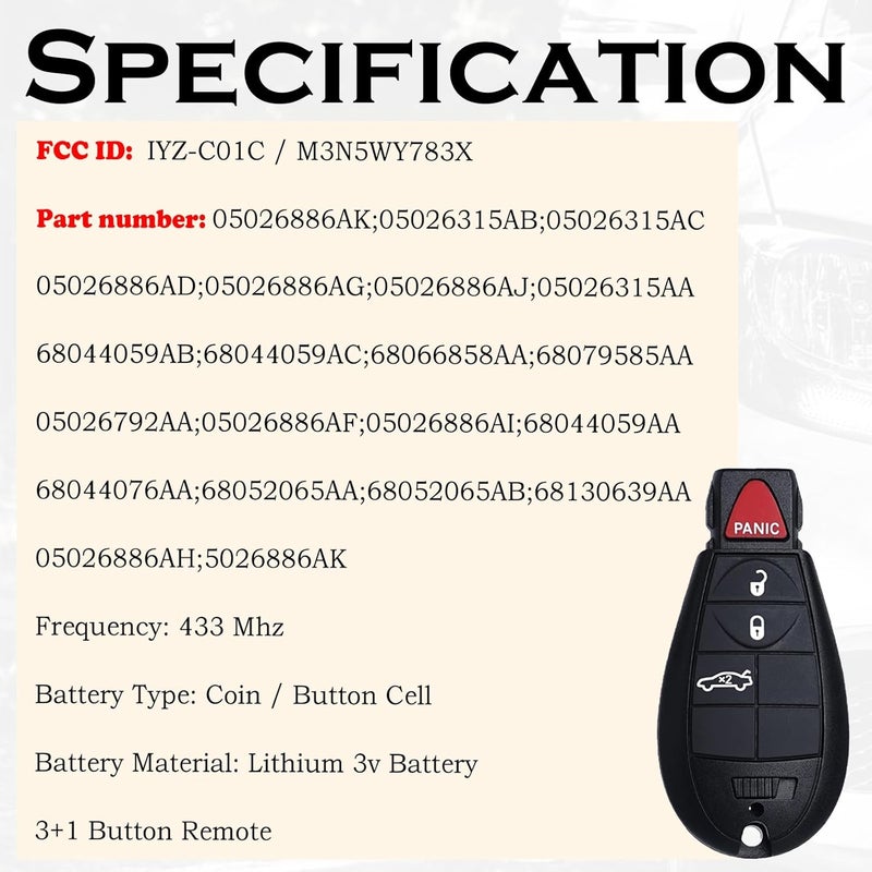SUPALAND بديل جهاز التحكم عن بعد للدخول بدون مفتاح يناسب دودج تشالنجر 2008 2009 2010 2011 2012 2013 2014، تشارجر 2008-2013، ماغنوم 2008، كرايسلر 300 2008-2010، IYZ-C01C 05026886AK 433 ميجاهرتز. - Image 3