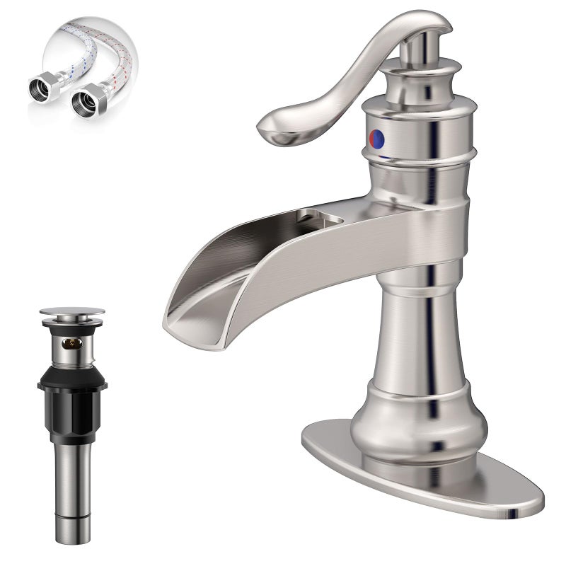 BATHLAVISH Brushed Nickel Bathroom Faucet Waterfall Single Handle Bathroom Sink Faucet 1 Hole Farmhouse Faucets Lavatory Vanity with Pop Up Drain Parts with Overflow