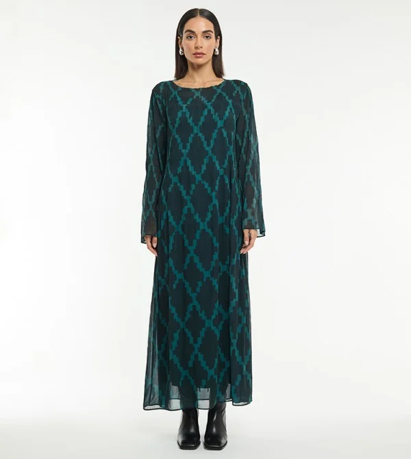 بي سي بي جي BCBG GEOMENTRIC PRINTED PLEATED CHIFFON MAXI DRESS