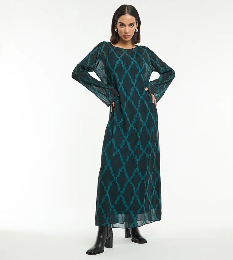 بي سي بي جي BCBG GEOMENTRIC PRINTED PLEATED CHIFFON MAXI DRESS