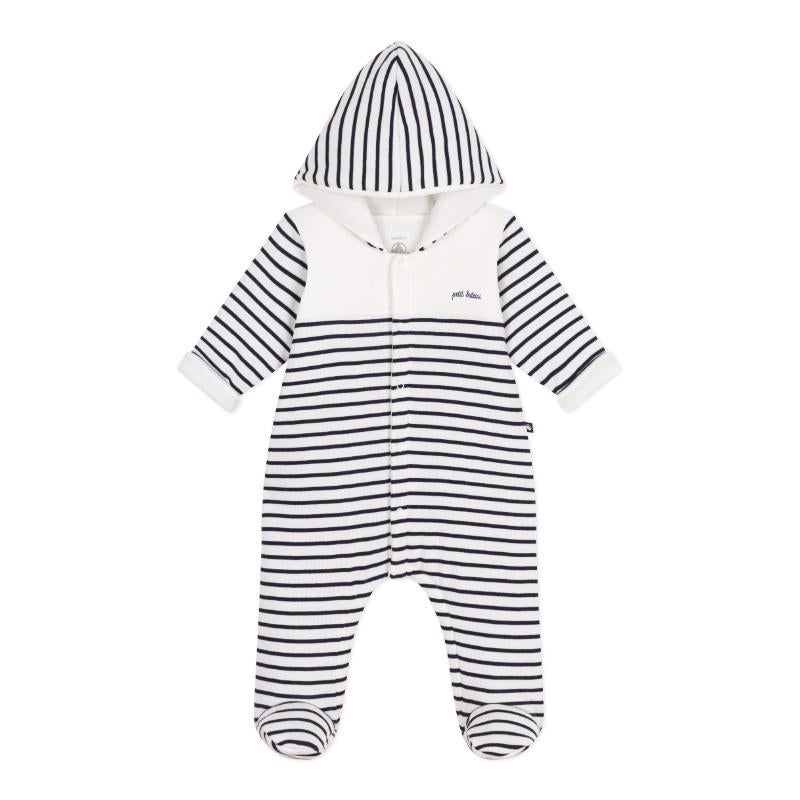 Petit Bateau Babies' Breton-Stripe Padded Playsuit With A Hood And Feet - Image 1