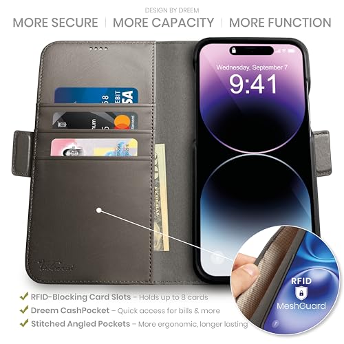 Dreem Wallet Case for iPhone 14 Pro 2 Way Phone Stand Magnetic Detachable Vegan Leather Flip Cover RFID Blocking Card Holder MagSafeFit Gift Box Fibonacci Grey - Image 3