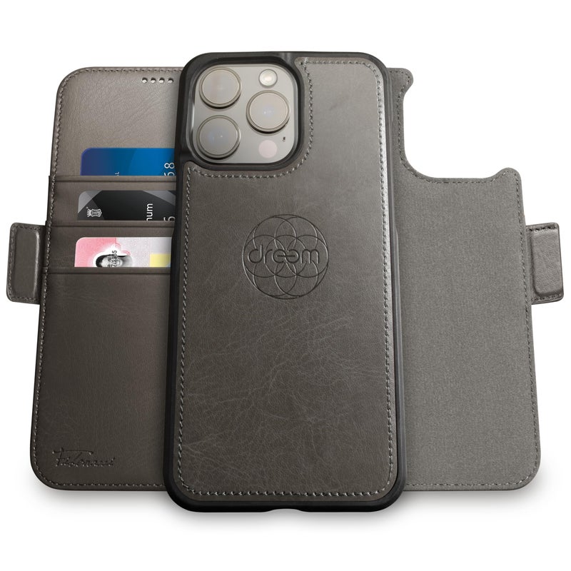Dreem Wallet Case for iPhone 14 Pro 2 Way Phone Stand Magnetic Detachable Vegan Leather Flip Cover RFID Blocking Card Holder MagSafeFit Gift Box Fibonacci Grey - Image 2