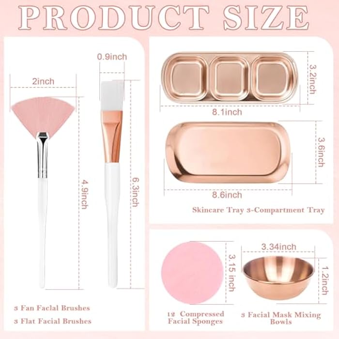 DLUGOPIS 23 Pcs Rose Gold Esthetician Supplies 3 Stainless Steel Facial Mask Mixing Bowls 3 Facial Fan Brushes 3 Flat Brushs Skincare Tray 3-Compartment Serving Tray 12 Compressed Facial Sponges for Skin Care - Image 2