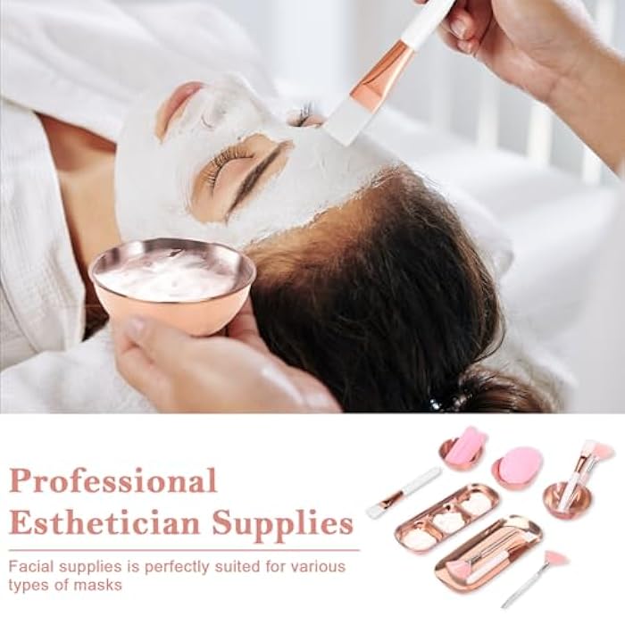 DLUGOPIS 23 Pcs Rose Gold Esthetician Supplies 3 Stainless Steel Facial Mask Mixing Bowls 3 Facial Fan Brushes 3 Flat Brushs Skincare Tray 3-Compartment Serving Tray 12 Compressed Facial Sponges for Skin Care - Image 5