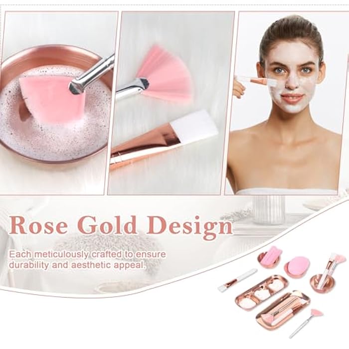 DLUGOPIS 23 Pcs Rose Gold Esthetician Supplies 3 Stainless Steel Facial Mask Mixing Bowls 3 Facial Fan Brushes 3 Flat Brushs Skincare Tray 3-Compartment Serving Tray 12 Compressed Facial Sponges for Skin Care - Image 4