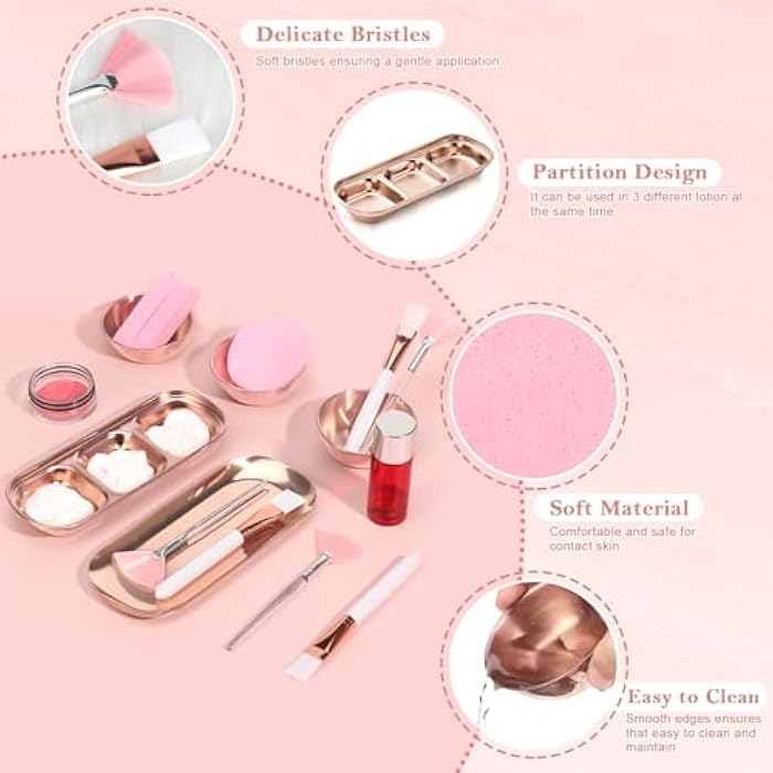 DLUGOPIS 23 Pcs Rose Gold Esthetician Supplies 3 Stainless Steel Facial Mask Mixing Bowls 3 Facial Fan Brushes 3 Flat Brushs Skincare Tray 3-Compartment Serving Tray 12 Compressed Facial Sponges for Skin Care - Image 3