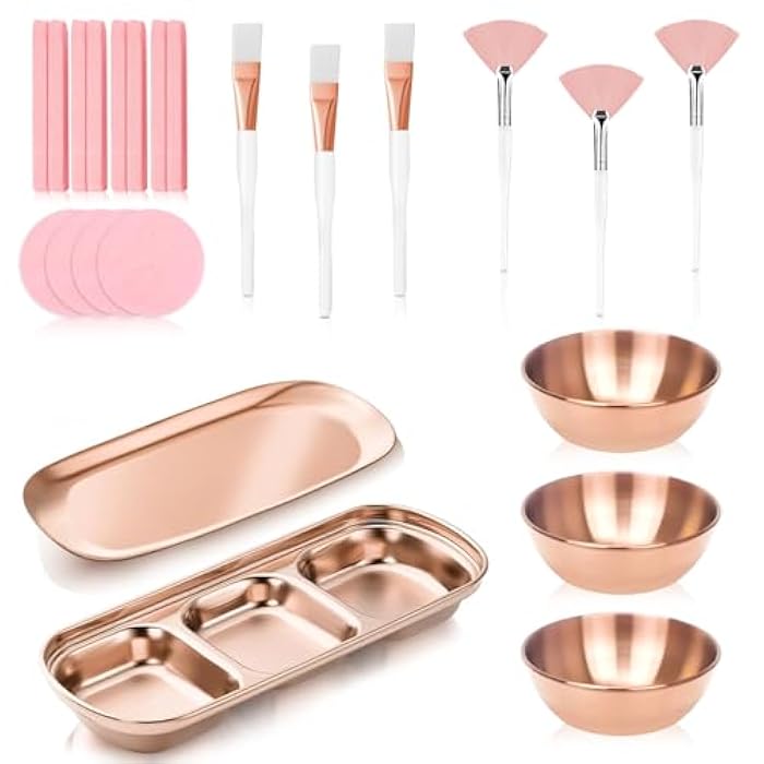 DLUGOPIS 23 Pcs Rose Gold Esthetician Supplies 3 Stainless Steel Facial Mask Mixing Bowls 3 Facial Fan Brushes 3 Flat Brushs Skincare Tray 3-Compartment Serving Tray 12 Compressed Facial Sponges for Skin Care - Image 1