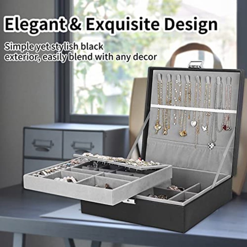 Jewelry Box for Women and Men with PU Leather, 2 Layer Large Jewelry Organizer Storage Case with Lock, for Necklace Bracelets Earrings Rings, Jewelry Organizer Boxes Ideal Gift, Black - Image 3