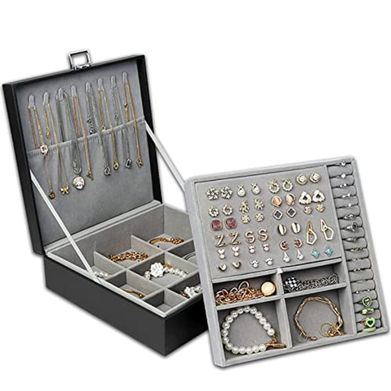 Jewelry Box for Women and Men with PU Leather, 2 Layer Large Jewelry Organizer Storage Case with Lock, for Necklace Bracelets Earrings Rings, Jewelry Organizer Boxes Ideal Gift, Black - Image 1
