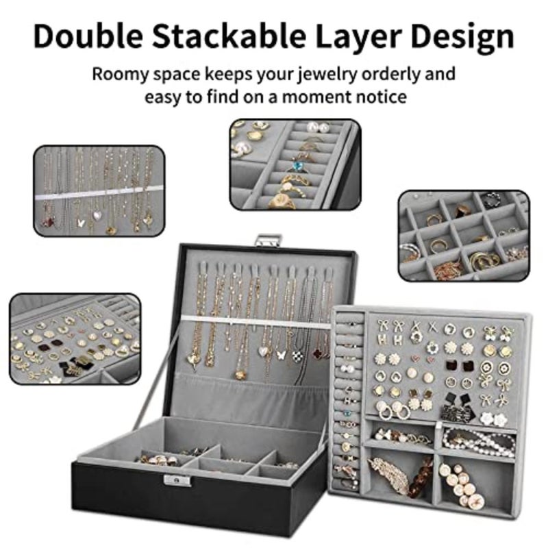 Jewelry Box for Women and Men with PU Leather, 2 Layer Large Jewelry Organizer Storage Case with Lock, for Necklace Bracelets Earrings Rings, Jewelry Organizer Boxes Ideal Gift, Black - Image 4