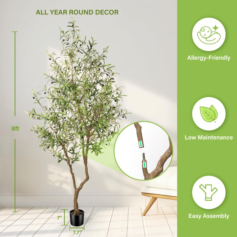 FEELEAD 8ft Faux Olive Tree - Large Realistic Artificial Olive Trees 8 Feet (96") Indoor Fake Plants with Realistic Trunk, Adjustable Branch, Olive Silk Tree with Planter for Home Living Room Decor - Image 4