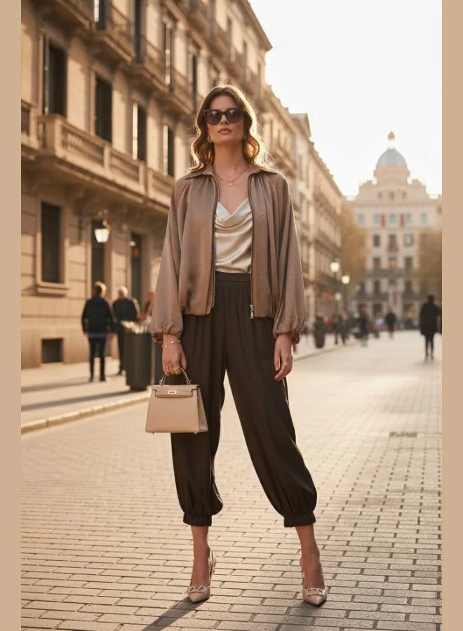 ليلا بنطلون نسائي ليلا بخصر عالٍ ومرن من الساتان