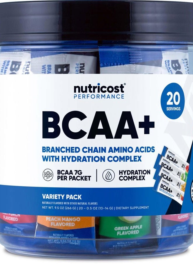 Nutricost BCAA+ Hydration Variety Pack (20 Stickpacks) - Branched Chain Amino Acids with Hydration Complex - Gluten-Free, Non-GMO - Image 1