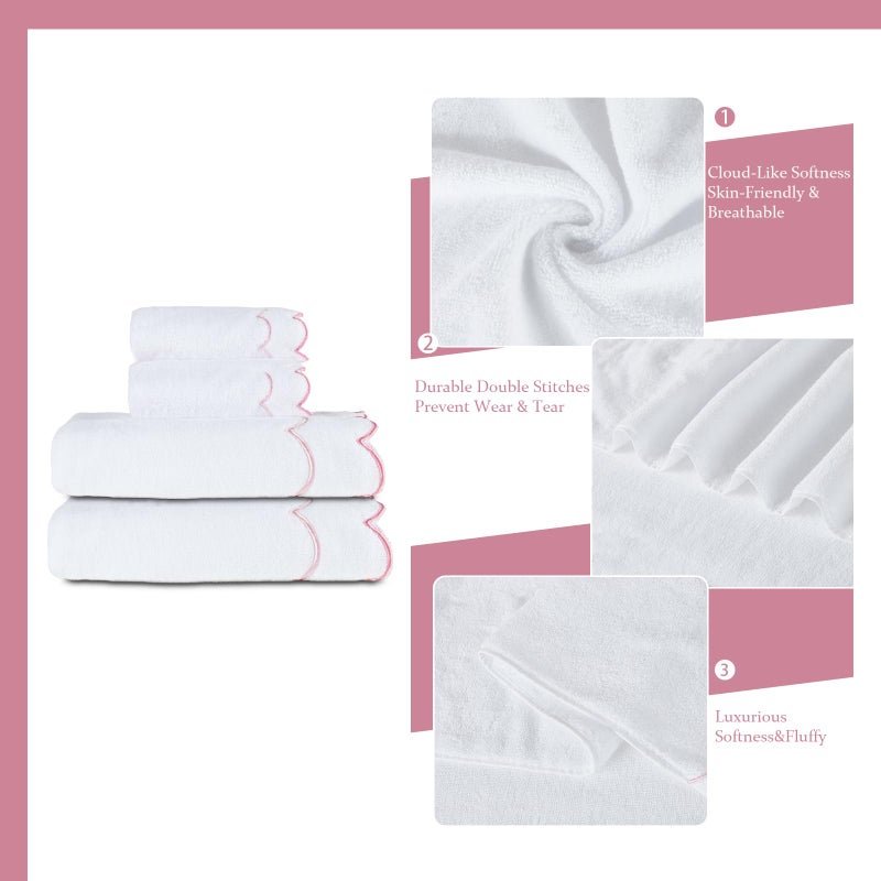 RRBXIA 4 Set 100% Cotton Bath Towels Set 2 Bath Towels 2 Hand Towels Embroidered Decorative Scalloped Towels Soft Cute Towel for Bathroom (Pink) - Image 3