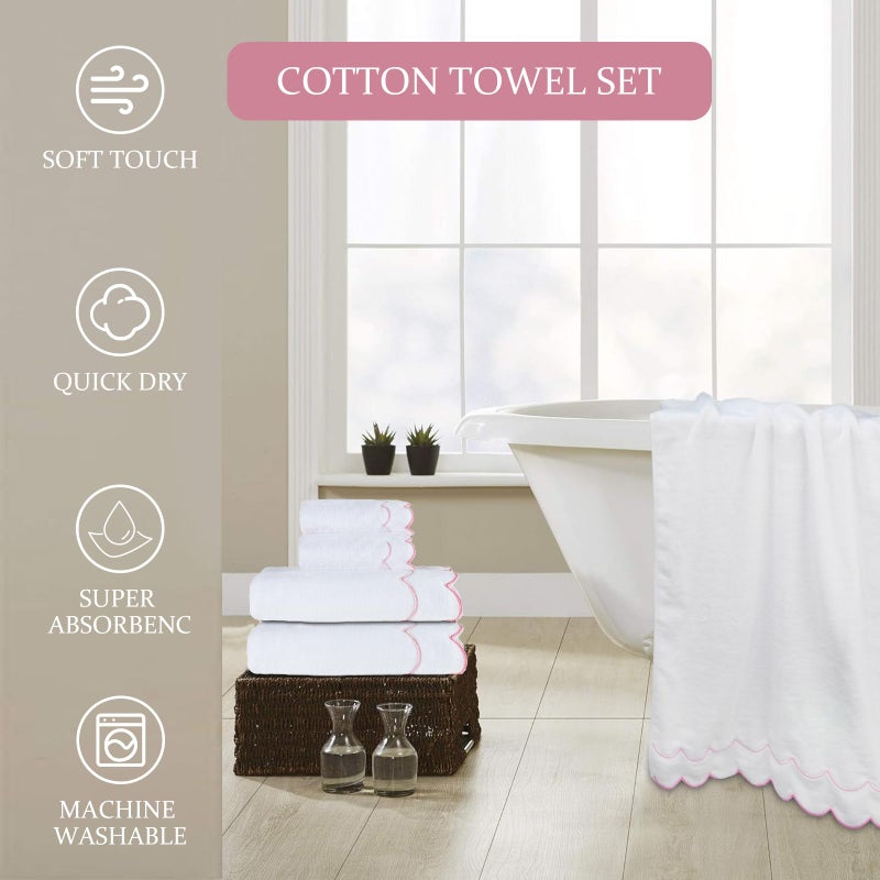 RRBXIA 4 Set 100% Cotton Bath Towels Set 2 Bath Towels 2 Hand Towels Embroidered Decorative Scalloped Towels Soft Cute Towel for Bathroom (Pink) - Image 4