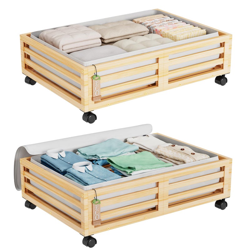 Wisuce Bamboo Under Bed Storage Containers- Underbed Organizer with Wheels with Large Dust Bag,Sturdy Wood Rolling Under the Bed Shoe Storage Organizer Drawer 2 Packs (Nature, Small) - Image 1