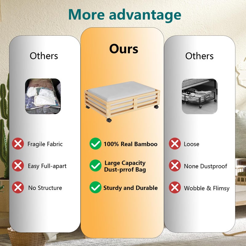Wisuce Bamboo Under Bed Storage Containers- Underbed Organizer with Wheels with Large Dust Bag,Sturdy Wood Rolling Under the Bed Shoe Storage Organizer Drawer 2 Packs (Nature, Small) - Image 3