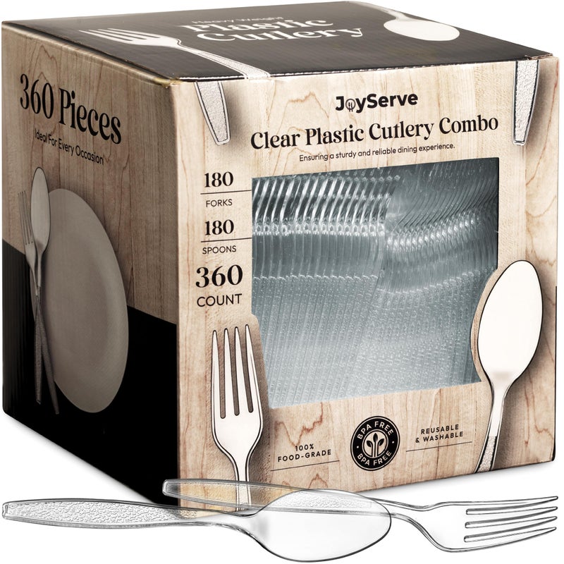 Clear Plastic Cutlery Set  Bulk Pack 360 Pcs Plastic Utensils Heavy Duty 180 Forks and 180 Spoons Silverware Sets for Party Supplies Dinners TakeOut Catering Food Services